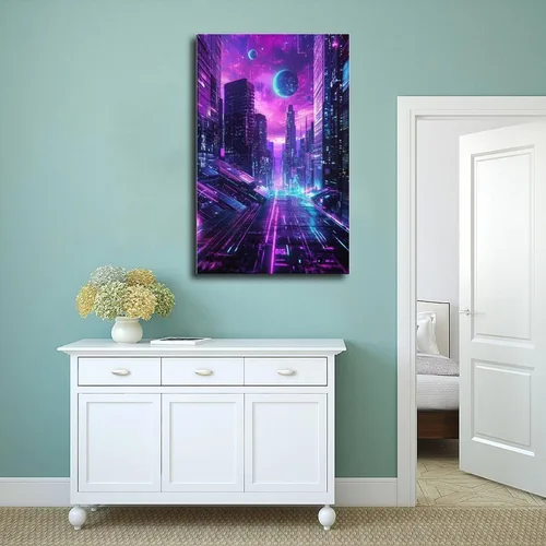 Vista 4 de Futuristic Neon City Wall Art – Synthwave Aesthetic Poster with Grid & Planet Elements Modern Wall Prints Abstract Geometric Minimalist Art Framed