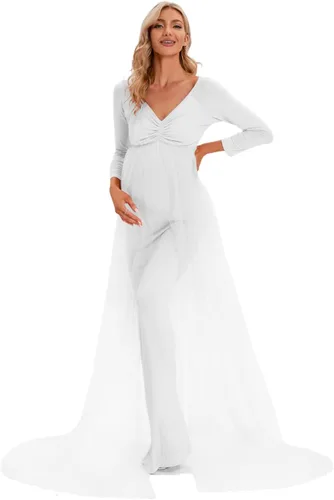 Vista 3 de ZIUMUDY Vestido de maternidad de tul con hombros descubiertos para sesión de fotos, vestido ajustado de manga larga para baby shower