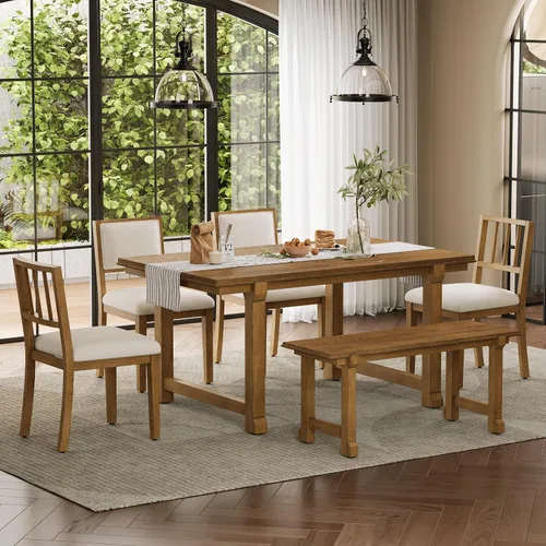 Vista 206 de Juego de mesa de comedor vintage de 6 piezas, juego de mesa de comedor de cocina de madera maciza con 4 sillas ergonómicas acolchadas y banco, mesa