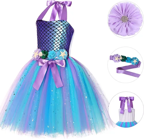 Vista 5 de Davsolly Mermaid Dress for Girls Mermaid Birthday Outfit with Mermaid Belt Flower Hair Clip for Halloween Birthday Party
