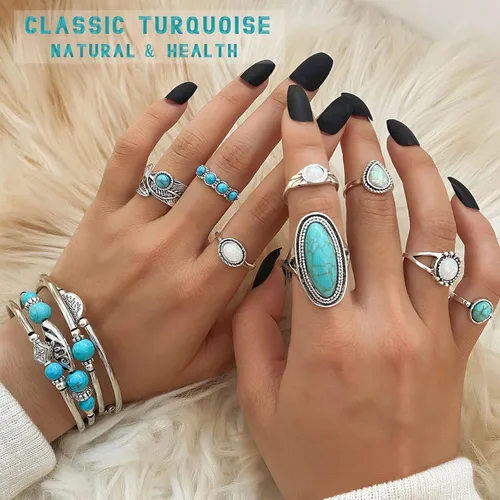 Vista 4 de IFKM Bohemian Jewelry Set With Turquoise Necklace, Dangle Earrings, Stackable Bangle Bracelets, Knuckle Rings For Women Vintage Western Boho