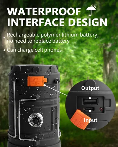 Vista 3 de Linterna solar de campamento con manivela, linterna LED ultra brillante portátil de gran capacidad, cargador USB, linterna electrónica