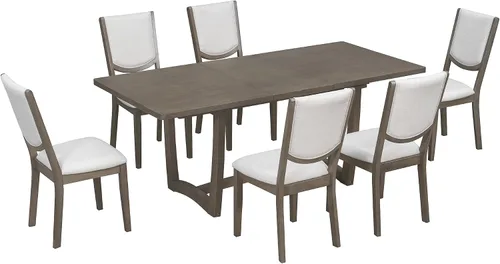 Vista 4 de Merax Juego de mesa de comedor extensible de 7 piezas para 6, mesa de cocina rectangular con 6 sillas tapizadas y respaldo curvado para comedor