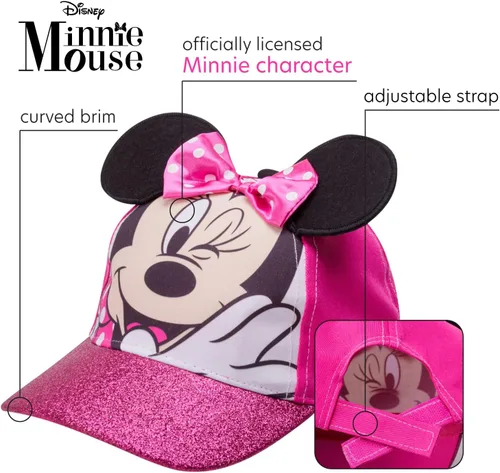Vista 10 de Disney Gorra de béisbol con purpurina de Minnie Mouse para niña, sombrero de disfraz de Minnie Mouse con orejas 3D (2-7)