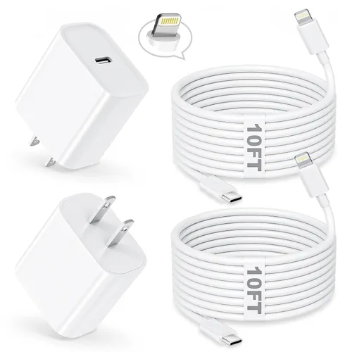 Vista 10 de Cargador rápido para iPhone, [certificado MFi] 2 paquetes de 20 W de doble puerto PD/QC3.0 USB C cargador de pared con cable USB C a Lightning de 6