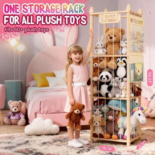 Vista 3 de Almacenamiento de animales de peluche: organizador grande de almacenamiento de juguetes de madera con 1 red de almacenamiento extraíble para colgar