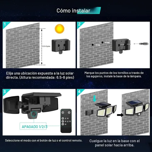 Vista 7 de Tuffenough - Luces solares para exteriores, 2500 lm, 210 luces LED de seguridad con control remoto, 3 cabezales de luces con sensor de movimiento