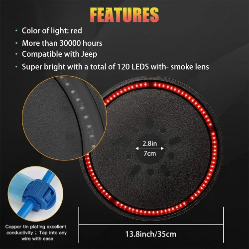 Vista 2 de LEDUR Luz de freno de llanta de repuesto tercera luz de freno LED luz de rueda trasera para Jeep Wrangler 2007-2018 JK y 2018+JKU JLU luz roja