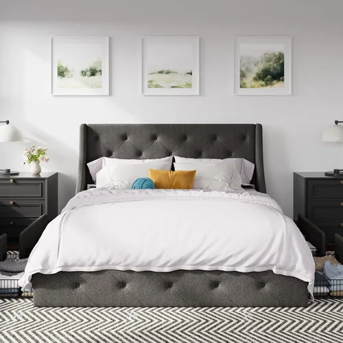 Vista 3 de HOOMIC Base de cama de plataforma tapizada completa con 4 cajones de almacenamiento y cabecera con respaldo de ala, diseño capitoné, fácil montaje