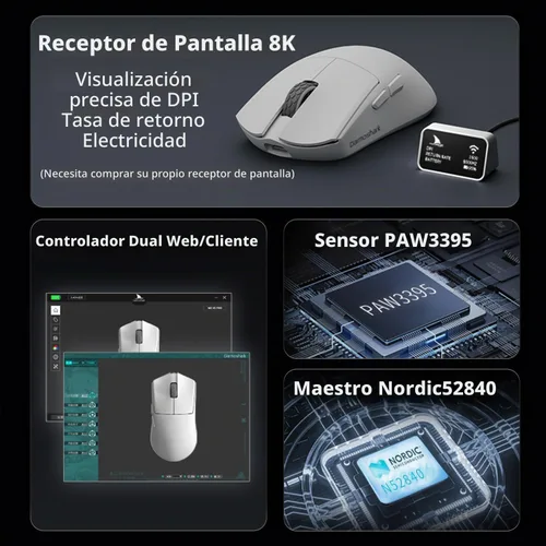 Vista 5 de Darmoshark M3XS - Mini mouse inalámbrico para juegos, trimodo 2.4G/USB-C/Bluetooth, hasta 26000DPI, sensor óptico PAW3395 ligero, 1.59 oz, 5 botones