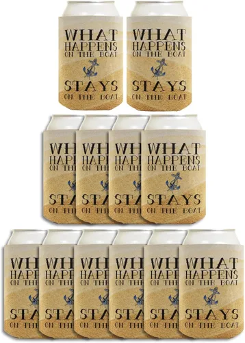 Vista 10 de Funny Can Drink Thermocooler What Happens On Boat Stays Boating Gift 6-Pack Can Drink Sleeves