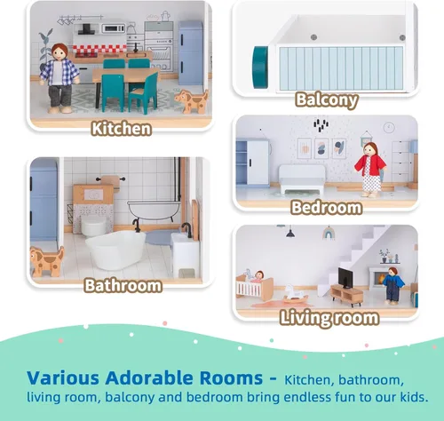 Vista 5 de OOOK Casa de muñecas de madera con elevador elevable, casa de muñecas moderna de 2.6 pies de alto para niños pequeños, incluye 21 muebles, 4 muñecas