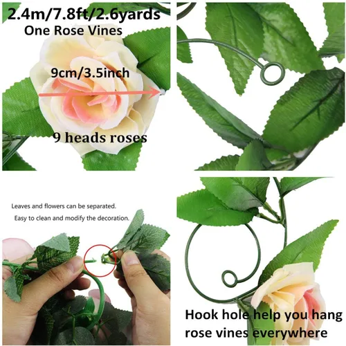 Vista 2 de Zhiheng Paquete de 4 vides de rosas artificiales de 7.8 pies con hojas verdes, flores falsas, plantas colgantes de jardín, guirnalda de vid