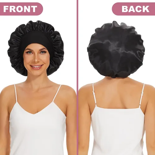 Vista 5 de 4 piezas de gorro de satén de seda, gorro de cabello para dormir, gorro de seda elástica de banda ancha para dormir, suave y transpirable Gorra