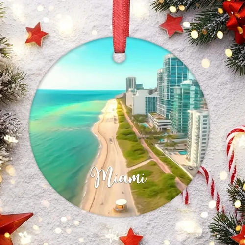 Vista 6 de Miami Beach - Decoraciones navideñas para árbol, Florida, Estados Unidos, adorno de Navidad de paisaje urbano 2022, recuerdo de viaje, adornos