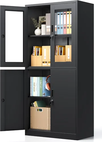 Vista 28 de Armario de almacenamiento de metal con 2 puertas y estantes ajustables, armario de metal ancho, gabinete de almacenamiento bajo, gabinete de acento