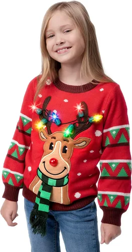 Vista 6 de JOYIN Kid's Christmas Ugly Sweater LED Light Up Reindeer Xmas Sweater Built-in Light Bulbs for Boys Girls