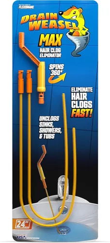 Vista 8 de FlexiSnake Drain Weasel MAX - Herramienta removedor de obstrucciones de pelo con mango giratorio y 2 recambios de varita, fabricado en los Estados