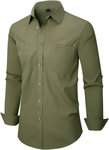 Vista 79 de corfty Camisa de vestir de manga larga para hombre, ajuste regular, elástica, sin arrugas, casual, con botones