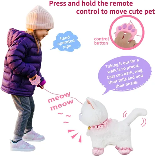 Vista 2 de Jimate Juguete electrónico interactivo de peluche robot que camina y ladra, gato de peluche con control remoto para niñas (gato blanco)