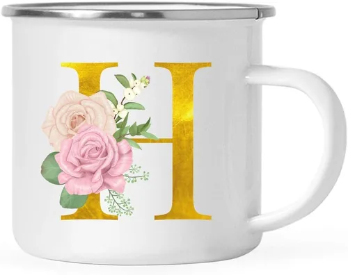 Vista 22 de Andaz Press Taza de café de acero inoxidable para niños de 11 onzas, regalo de taza de café de fogata, rosa rubor, monograma de oro sintético, letra
