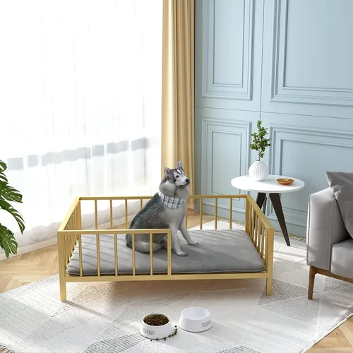 Vista 8 de OSCHF Cama para perros con rieles, marco de cama elevado de metal para mascotas con tablero de madera maciza y tapete suave lavable para perros