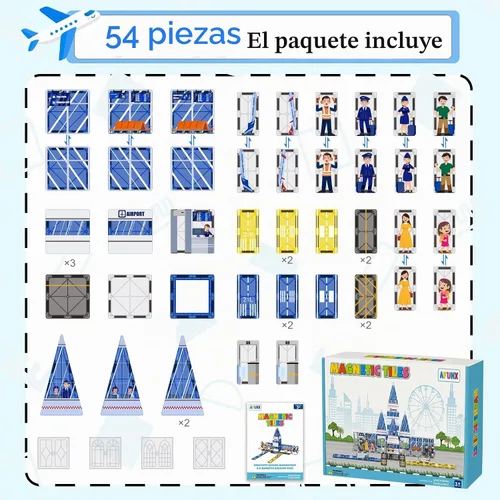 Vista 7 de AFUNX - Azulejos magnéticos, set de 54 piezas con tema de aeropuerto, bloques de construcción magnéticos y juguetes educativos STEM para niños