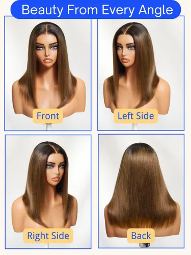 Vista 4 de Nadula Peluca Bob Recta Yaki Degradado Marrón Castaño con Cordón de Cabello Humano - Sin Pegamento Precortada 13X4 HD Pre Todo Peluca Frontal
