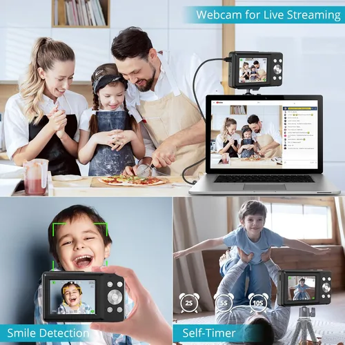 Vista 4 de Toberto Cámara digital, FHD 1080P Cámara digital para niños con zoom de 16X antivibraciones, linterna, cámara de apuntar y disparar de 44 MP, cámara