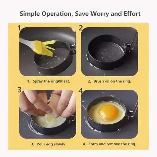 Vista 3 de (Negro) Anillo para huevos antiadherente de 3 pulgadas con mango de silicona, molde para huevos para sándwiches de desayuno. Molde redondo