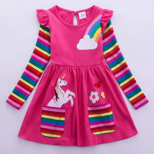 Vista 2 de JUXINSU Vestidos de algodón de manga larga con diseño de arco iris y flores para niñas de 3 a 8 años, Arcoiris (Rainbow)