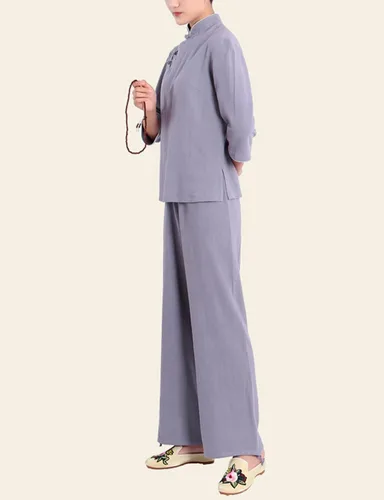 Vista 3 de Conjuntos de estilo chino tradicional para mujer, manga larga, con botones de rana, 2 piezas
