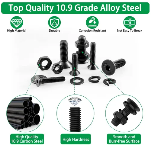 Vista 2 de Kit surtido de 1500 tornillos métricos, tornillos de máquina M2 M3 M4 M5 M6 con cerradura y arandelas planas, acero de aleación de grado 10.9, kit