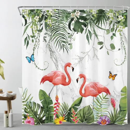 Vista 6 de EOBTAIN Cortina de ducha de hojas de plantas tropicales para baño, flamenco rosa y mariposa azul con hojas de palma en beige, cortina de ducha con 8