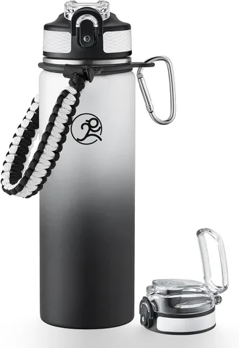 Vista 22 de GOSWAG - Botella de agua de viaje de acero inoxidable aislada de 24 onzas, 2 tapas with straw and no straw, Paracord handle, Double-wall vacuum