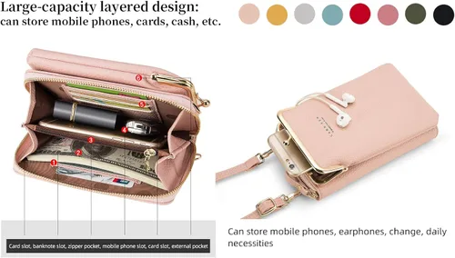 Vista 4 de Bolsa cruzada para teléfono celular, pequeña bolsa cruzada para teléfono celular, bolsa de hombro para teléfono celular, tarjetero y cartera, Gris