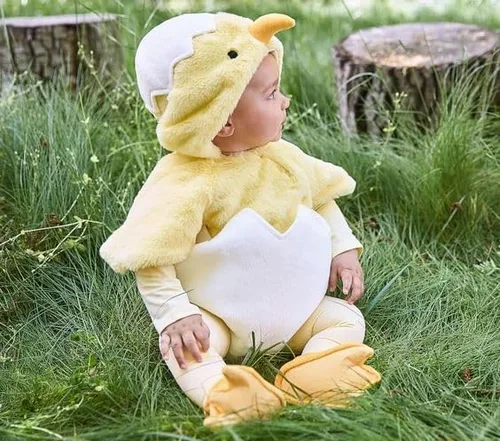Vista 7 de Disfraz de pollo para bebés niños y niñas, de manga corta, con broches de presión, mameluco de felpa para recién nacido, disfraz de huevo de pollo