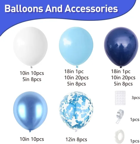 Vista 2 de Kit de arco de globos azules, kit de guirnalda de arco de globos azul marino y blanco con globos de confeti azul claro azul cromado, globos azules