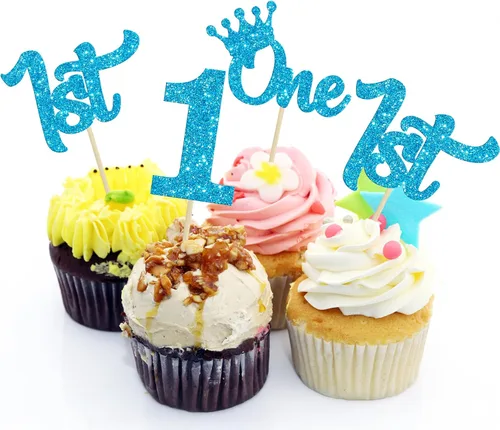 Vista 6 de 24 adornos para cupcakes de primer cumpleaños con purpurina para decoración de pastel de primer cumpleaños, selecciones de cupcakes para niños, baby