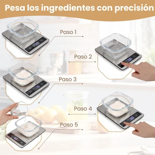 Vista 7 de Báscula de alimentos, báscula de cocina de 11 libras con precisión de 0.05 oz/1 g, 6 unidades de función de tara y pantalla LCD, báscula digital
