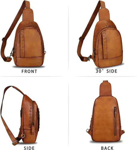 Vista 5 de IVTG Bolso bandolera de cuero genuino para mujer, mochila bandolera para el pecho, hombro, senderismo, vintage, hecho a mano, casual, bolso cruzado