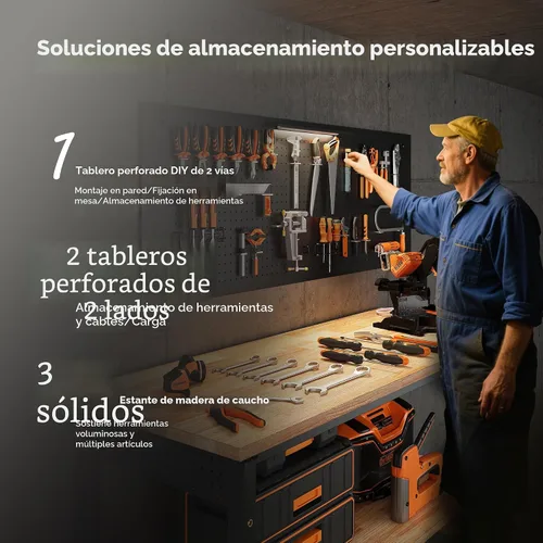 Vista 4 de CAMMOO Banco de trabajo de 60 pulgadas de altura ajustable con estante de almacenamiento, carga máxima de 2000 LBS, tablero de madera de caucho