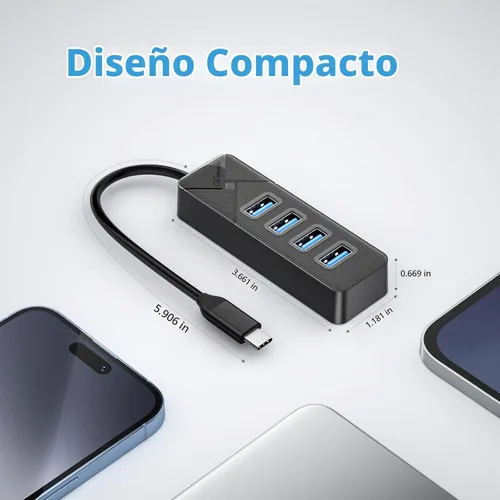 Vista 7 de GiGimundo Hub USB C de 4 puertos para laptop, adaptador multipuerto USB C a USB Hub transferencia de 5 Gbps, divisor USB C para laptop, MacBook Negro