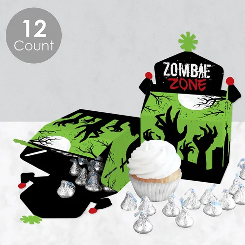 Vista 3 de Big Dot of Happiness Zombie Zone - Caja de golosinas para fiestas - Halloween o cumpleaños Zombie Crawl Party Goodie Gable Boxes - Juego de 12
