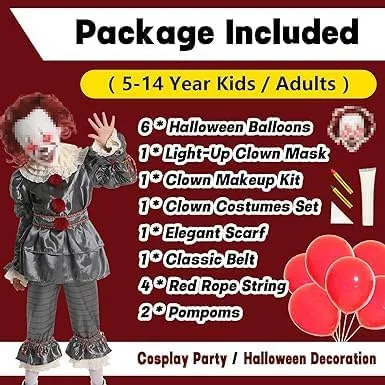 Vista 2 de Disfraz de payaso para niños adultos, disfraces aterradores de Halloween con máscara de payaso LED, globos, kit de maquillaje para fiesta