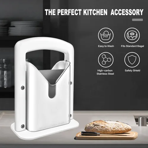 Vista 3 de Cortador de bagel, perfecto para bagels, agarre seguro, cortador de guillotina, escudo de seguridad, acero inoxidable (blanco)
