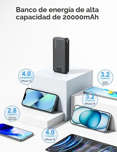 Vista 5 de Cargador portátil Power Bank 20000mAh con cables integrados y enchufe de pared Negro