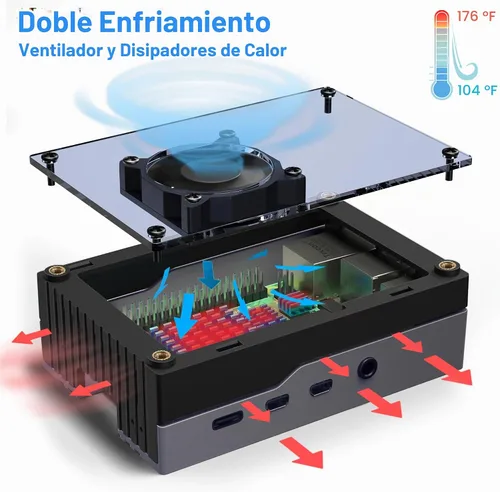 Vista 3 de Miuzei Funda para Raspberry Pi 4 con ventilador de 1.378 in, fuente de alimentación de 5 V 3 A, 4 disipadores de calor para Raspberry Pi 4 Modelo B