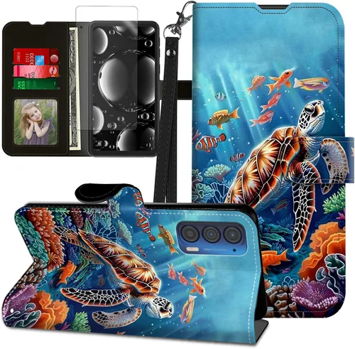 Vista 305 de Funda para Motorola Edge 2022 con protector de pantalla, soporte y tarjetero y correa para la muñeca, funda magnética para Moto Edge 2022 5G UW Lobo