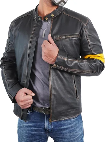 Vista 3 de Lambskin Leather Jacket for Men - Vintage Distressed Brown Biker Coat